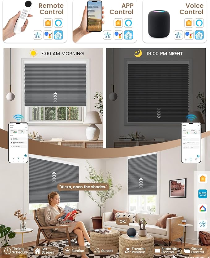 Kincmo Motorized Cellular Shades, Custom Motorized Blinds with Remote, Cordless Smart Electric Honeycomb Blinds Work with Apple HomeKit, Alexa, Google (75%-Blackout-Single-Cell Dark Grey)