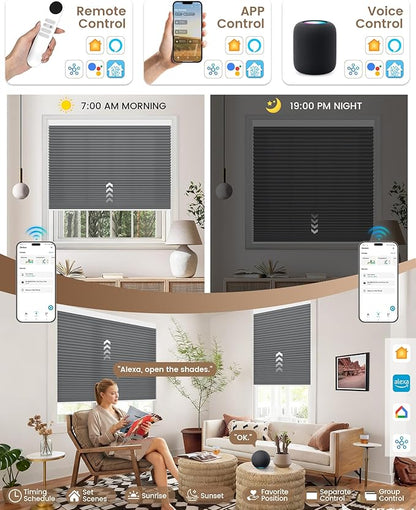 Kincmo Motorized Cellular Shades, Custom Motorized Blinds with Remote, Cordless Smart Electric Honeycomb Blinds Work with Apple HomeKit, Alexa, Google (75%-Blackout-Single-Cell Dark Grey)