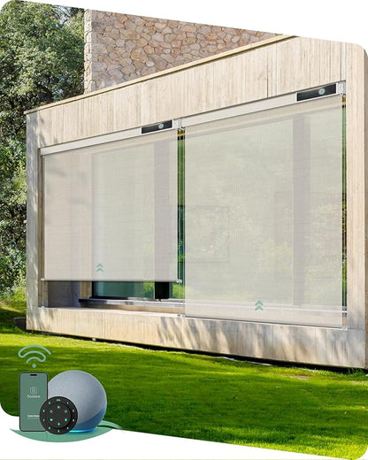 Yoolax Customized Motorized Outdoor Shades, Smart Blinds Compatible with Alexa Google, Remote Control Waterproof Blinds for Patio Porch Windows Outside (10% Openness White Pebble Path)