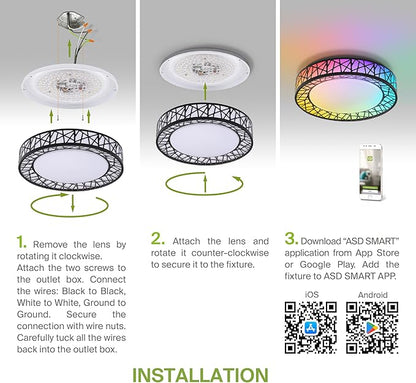 ASD 16 Inch Smart RGBW Flush Mount Ceiling Light with Remote - Matte Black 28W 120V 2700-6500K Dimmable Ceiling Light Fixture, WiFi App Control RGB Lights, Alexa & Google Assistant - ETL