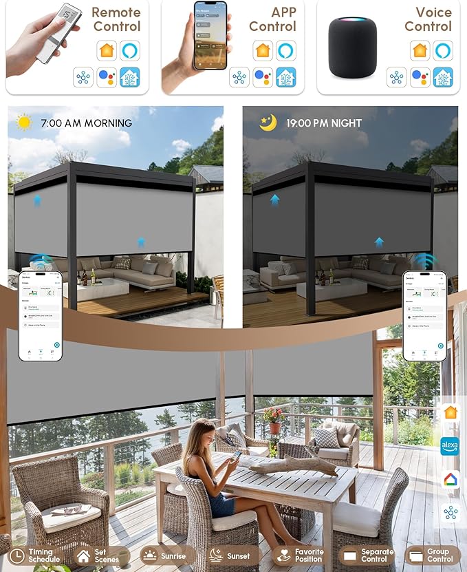 Kincmo Motorized Outdoor Shades for Patio Porch, Custom Outdoor Motorized Blinds with Remote, Waterproof & Windproof Patio Shades Work with Apple Home,Alexa,Google (0% Openness Grey)