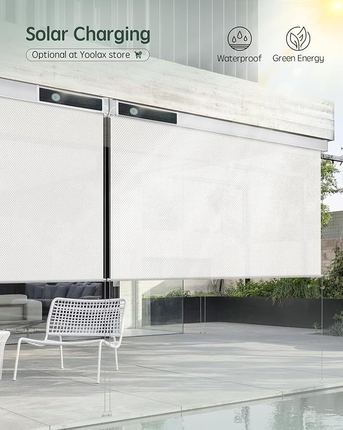 Yoolax Customized Motorized Outdoor Shades, Smart Blinds Compatible with Alexa Google, Remote Control Waterproof Blinds for Patio Porch Windows Outside (3% Openness White)