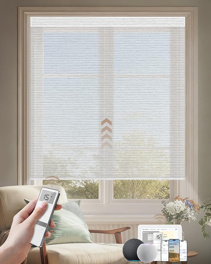 Kincmo Motorized Blinds with Remote, Light Filtering Roller Shades Work with Apple Homekit,Alexa,Google Home, Custom Electric Blinds with App,Voice Control (60% Blackout Atlantic Striped Grey)