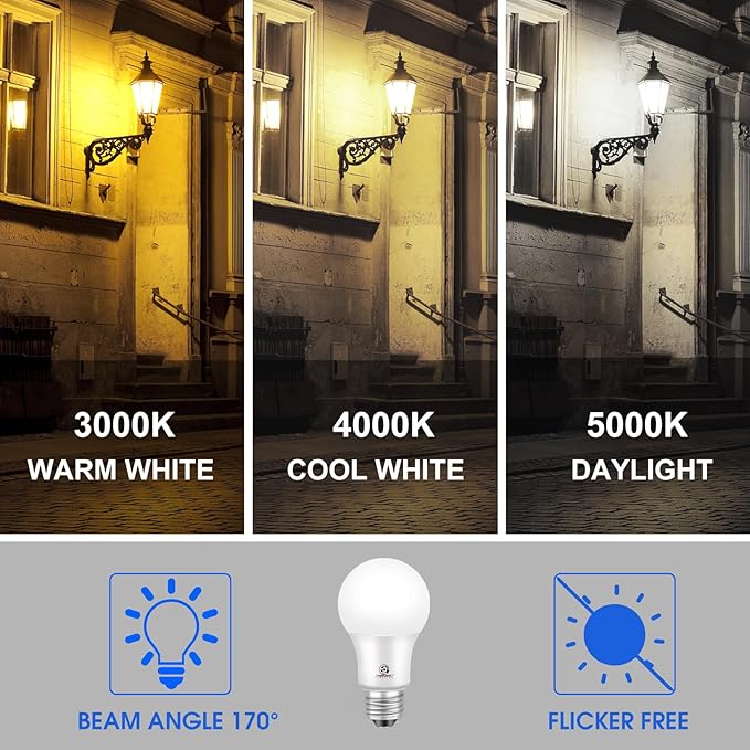 Dusk to Dawn LED Outdoor Light Bulb, 75 Watt Equivalent, 9W 1100 Lumens, 5000K Daylight LED Light Bulbs, E26 Base, Automatic On/Off Sensor Light Bulb for Porch, Hallway, Garage, ETL Listed, 4-Pack