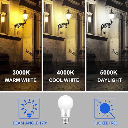 Dusk to Dawn LED Outdoor Light Bulb, 75 Watt Equivalent, 9W 1100 Lumens, 5000K Daylight LED Light Bulbs, E26 Base, Automatic On/Off Sensor Light Bulb for Porch, Hallway, Garage, ETL Listed, 4-Pack