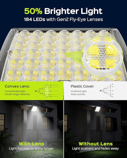 JACKYLED Solar Lights Outdoor Waterproof, Motion Sensor Security Flood Lights Convex Lens Amplified 50% Brighter with 16.4ft Extension Cord, Security Light for Barn, Porch, Backyard,2-Pack
