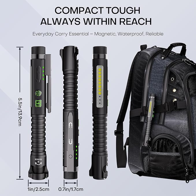 EDC Flashlight Rechargeable,800 Lumen Small Flashlight with Magnetic Clip & Base, 11 Modes LED Flashlight,Glass Breaker&Bottle Opener, USB-C Flashlight for Working,Home and Emergency