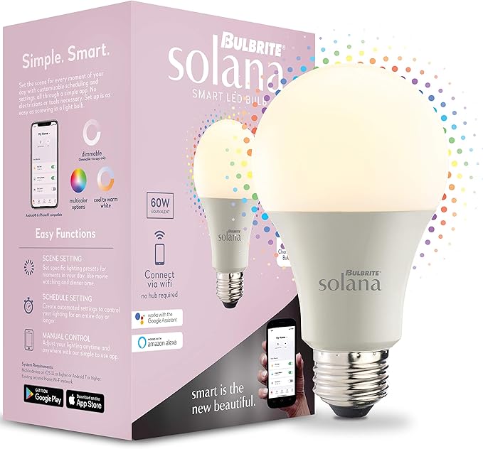 Bulbrite Solana 60 Watt Equivalent A19 Smart WiFi Connected 90CRI Color Changing LED Light Bulb, Frost