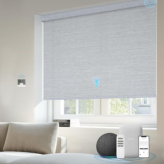 Motorized Light Filtering Shades Compatible with Alexa Google Smart Blinds Automatic Window Shade Remote Control 70% Blackout Striped Grey