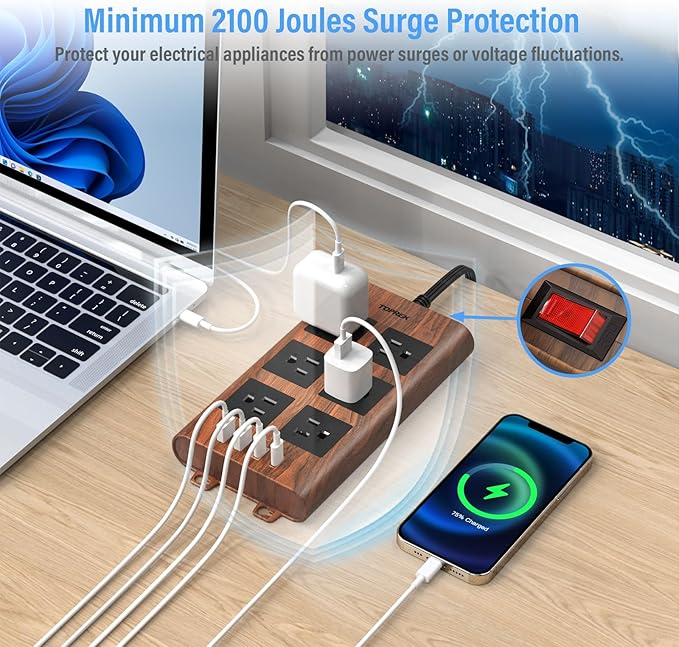 TOPREK Surge Protector Power Strip (2100J), 6 Widely-Spaced Outlets with 2 USB-C & 2 USB-A, 6.5 FT Extension Cord with Ultra-Thin Flat Plug, Wood Finish Power Strip with USB for Home, Office