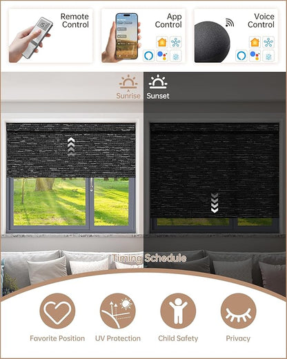Kincmo Motorized Blinds with Remote, Light Filtering Roller Shades Work with Apple Homekit,Alexa,Google Home, Custom Electric Blinds with App,Voice Control (75% Blackout Aqua Waves Striped Black)