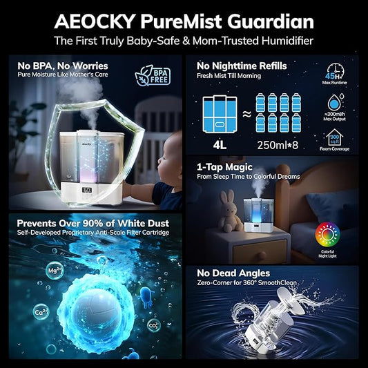 AEOCKY Geek-Level Humidifier for Baby, Quiet Ultrasonic Humidifiers for Bedroom, Nursery with Ambient Light, 4L Top-Fill Cool Mist Diffuser with Timer, Sleep, Auto, Constant Humidity Mode