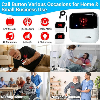 WiFi Caregiver Pager Medical Alert Systems for Seniors No Monthly Fee App Control Alert Button for Seniors at Home,2 Call Button and 1 Receiver,for Elderly,Patients,Disabled