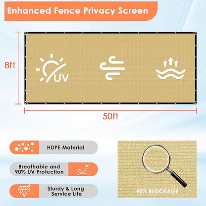 iCover 8x50ft Privacy Screen Fence, Outdoor Fencing Panels, Garden Windscreen Mesh Shade Sail Net Barrier, Include Reinforced Bindings and Brass Grommets Cable Zip Ties, Sand