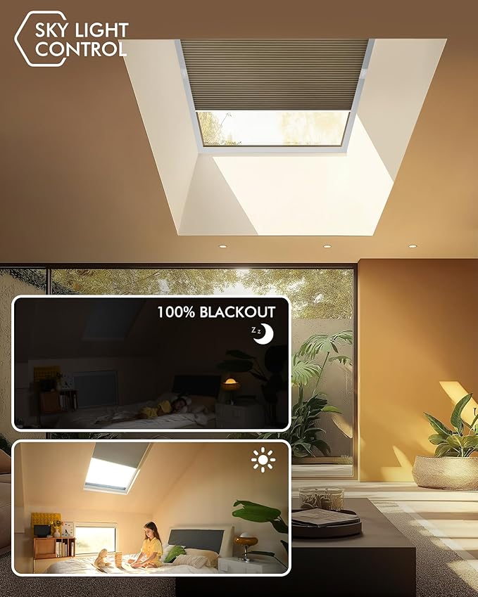 Yoolax Motorized Cellular Shades, Smart Skylight Shades Compatible with Alexa Google, Automatic Cordless Honeycomb Blinds with Remote for Roof Inclined Plane Room (Blackout Coffee)