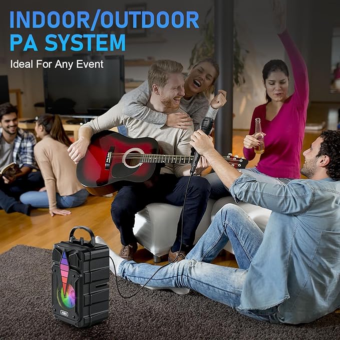Dnil Portable Speaker with Voice Control, RGB Multi-Color Rhythm Light, Support TWS Pairing, Support USB/TF/FM/AUX Connection, Suitable for Home Party or Outdoor Use (Black)