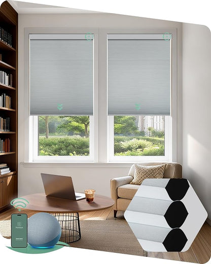 Yoolax Motorized Cellular Shades Compatible with Alexa, Blackout Smart Honeycomb Blinds with Remote for Indoor Windows, Automatic Honeycomb Shades for Bedroom Office, 27" W x 72" H (White)