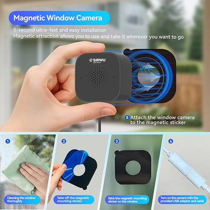 Magnetic Window Camera, Window Security Camera with Night Vision, 3MP 2K Indoor Camera for Home Security, OpenAI GPT Enabled, 24/7 Recording, Person/Vehicle Detection, Black
