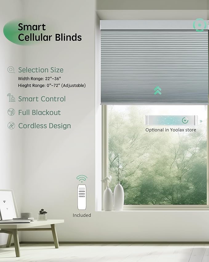 Yoolax Motorized Cellular Shades Compatible with Alexa, Blackout Smart Honeycomb Blinds with Remote for Indoor Windows, Automatic Honeycomb Shades for Bedroom Office, 22" W x 72" H (White)