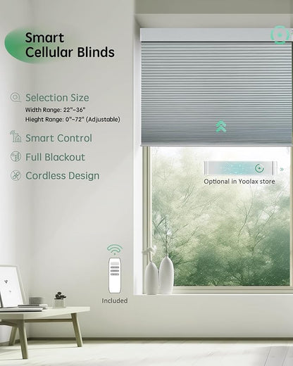 Yoolax Motorized Cellular Shades Compatible with Alexa, Blackout Smart Honeycomb Blinds with Remote for Indoor Windows, Automatic Honeycomb Shades for Bedroom Office, 36" W x 72" H (White)