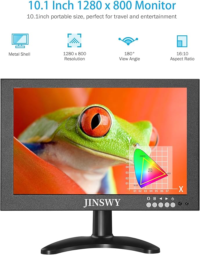 10.1" Security Monitor, 1280 x 800 HD Display, 16:10 IPS Metal Portable Mini CCTV Monitor, HDMI VGA BNC AV USB Ports, Built-in Speakers & Remote Control, for DVR, PC, Raspberry Pi