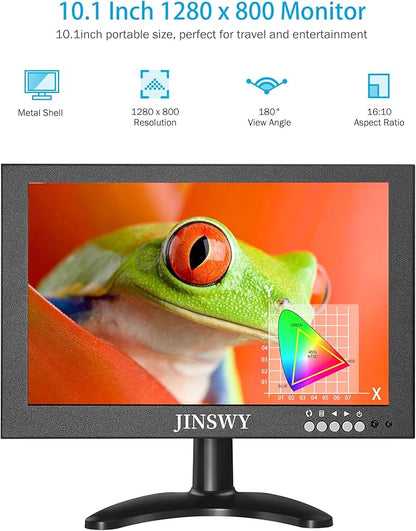 10.1" Security Monitor, 1280 x 800 HD Display, 16:10 IPS Metal Portable Mini CCTV Monitor, HDMI VGA BNC AV USB Ports, Built-in Speakers & Remote Control, for DVR, PC, Raspberry Pi