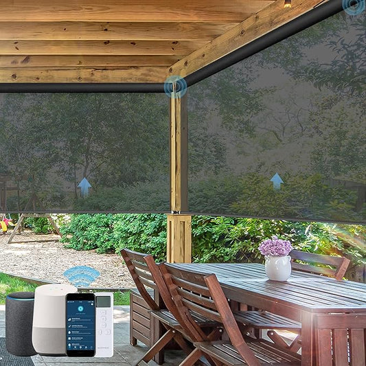 Motorized Outdoor Roller Shades,Patio Roll Up Blind Work with Alexa,Google Home,Apple Homekit,Remote Control Sun Shade,Waterproof &Windproof Smart Blinds for Porch,Sirus Dark Grey, 5% Openness