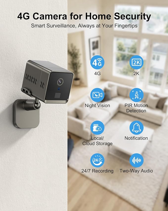 4G LTE Cellular Security Camera, No WiFi 2K HD Indoor Surveillance Camera with Built-In SIM Card for Remote Viewing, PIR Motion Detection Auto Night Vision Real-Time Alerts, Portable Battery Camera