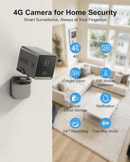 4G LTE Cellular Security Camera, No WiFi 2K HD Indoor Surveillance Camera with Built-In SIM Card for Remote Viewing, PIR Motion Detection Auto Night Vision Real-Time Alerts, Portable Battery Camera
