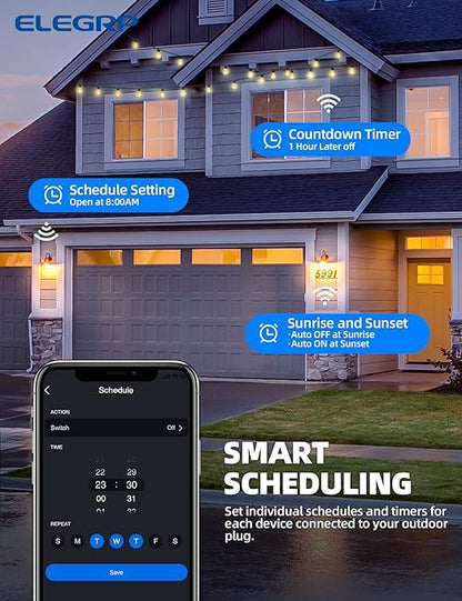 ELEGRP PQR10 Outdoor Smart Plug Waterproof IP66, WiFi Plug Compatible with Alexa & Google Assistant, Smart Outdoor Outlet for String Lights, No Hub Required, 400W Max, UL Certified, 2 Pack, Grey