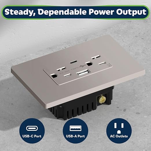 TOPGREENER USB Outlet, 4.2A Type A & Type C USB Wall Outlet, Nickel, 2 Pack | 15 Amp Tamper-Resistant USB Outlets Receptacles, Charging Power Outlet with USB Ports, UL Listed, Wall Plate Included