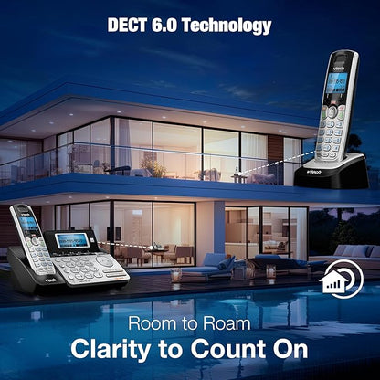 VTech 4-Handset 2-Line Cordless Phone for Small Business or Home with Answering System and Mailbox on Each Line, Caller ID/Call Waiting, Conference Call | DS6151 with 4 Handsets Bundle (Black/Silver)