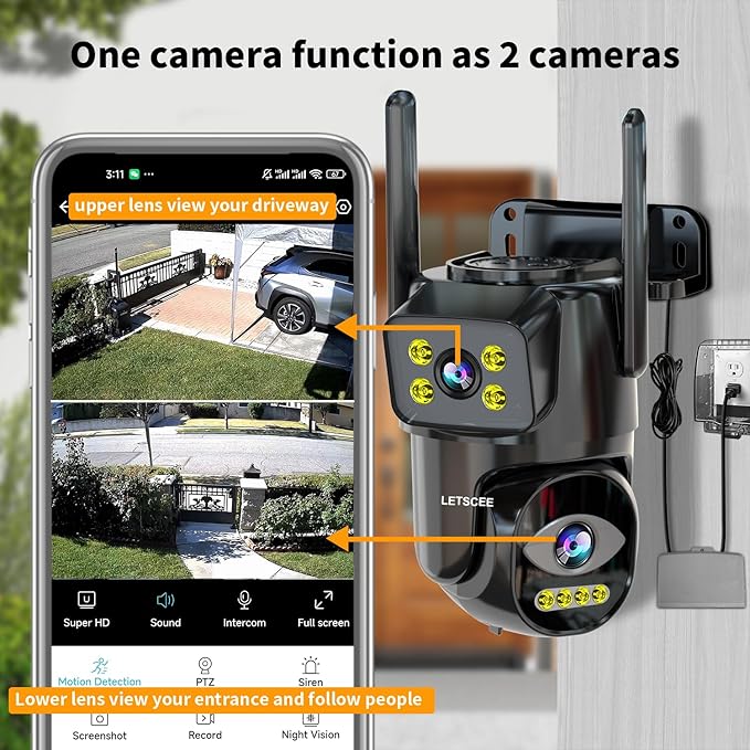 LETSCEE Dual Lens WiFi Security Camera Outdoor,5G/2.4G PTZ Outdoor Auto Tracking,HOM Security Surveillance System Camera,WiFi,Night Vision,7/24 Recording