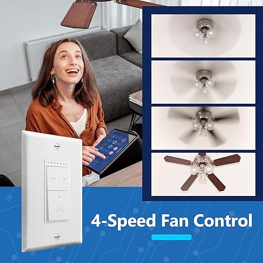 LIDER Smart Fan Switch, Wi-Fi 4-Speed Fan Control Switch, Single Pole Only, 2.4GHz WiFi Remote Control Ceiling Fan Switch, Neutral Wire Required, 120V, 1.5A Motor, LED Indicator Speed, White