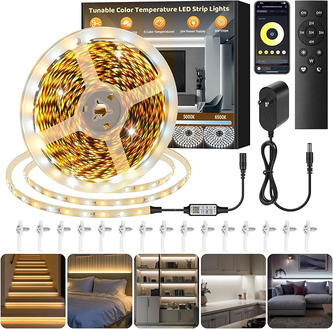 Tunable White LED Strip Light, Warm to Cool White,49.2ft Dimmable Bright LED Tape Lights with APP and Remote Control,3000K-6500K 24V Tape Light for Bedroom Home Lighting Mirror Kitchen Bar Cabinet