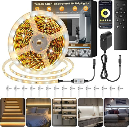 Tunable White LED Strip Light, Warm to Cool White,49.2ft Dimmable Bright LED Tape Lights with APP and Remote Control,3000K-6500K 24V Tape Light for Bedroom Home Lighting Mirror Kitchen Bar Cabinet