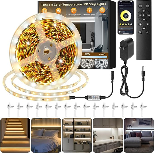 Tunable White LED Strip Light, Warm to Cool White,49.2ft Dimmable Bright LED Tape Lights with APP and Remote Control,3000K-6500K 24V Tape Light for Bedroom Home Lighting Mirror Kitchen Bar Cabinet