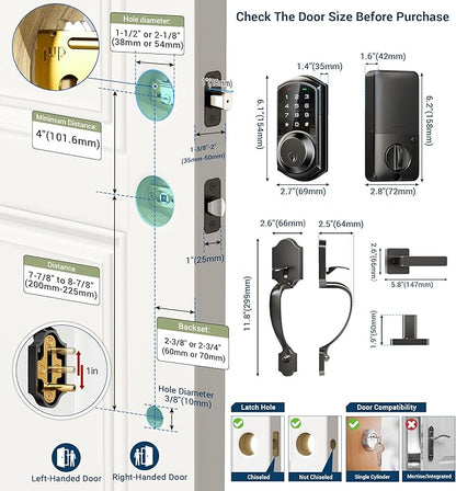 Veise VE06-H Smart Front Door Lock Set, App Control, Keyless Entry Deadbolt with Lever Handle, Electronic Digital Touchscreen Keypad, Auto Lock, Easy Install, Matte Black