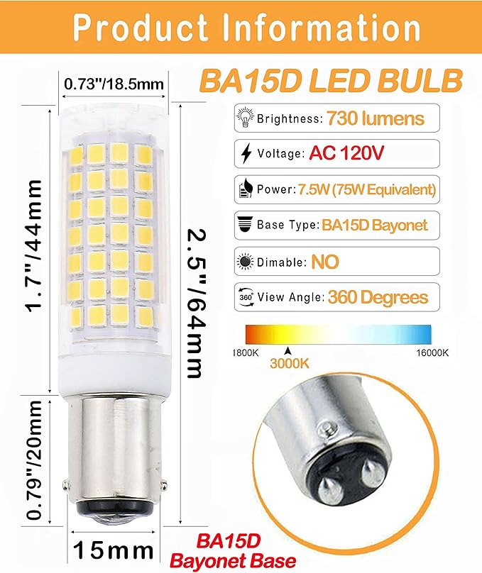 BA15D Led Bulbs 6W Dimmable 120V,B15 Double Contact Bayonet Base,Soft Warm White 3000K,60W JD Type T3/T4 Halogen Equivalent Replaces for Sewing Machine(2-Pack)