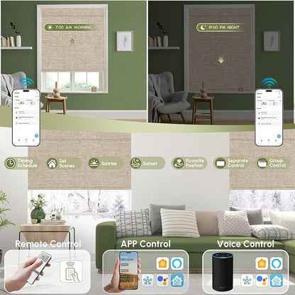 FineTell Motorized Blinds with Remote, 100% Blackout Roller Shades Compatible with Alexa,Apple Homekit,Google Home APP and Voice Control, Customized Electric Blinds (100% Blackout Linen Caramel)