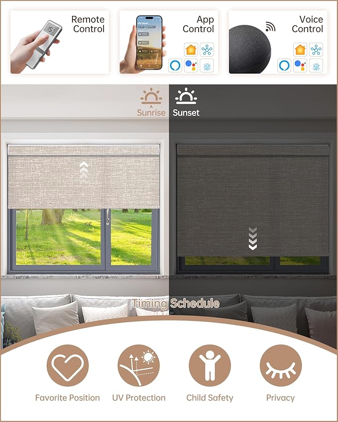 Kincmo Motorized Blinds with Remote, Light Filtering Roller Shades Work with Apple Homekit,Alexa,Google Home, Custom Electric Blinds with App,Voice Control (75% Blackout Classic Sandy)