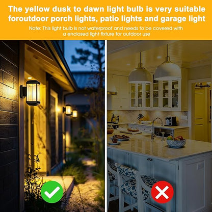 Flaspar Dusk to Dawn LED Yellow Bug Light Bulbs Outdoor 60W Equivalent, Amber Yellow Bug Light Bulb for Outside, Auto On/Off 9W 2000K A19 LED Bug Photocell Sensor Lights for Patio, Porch, 2 Pack