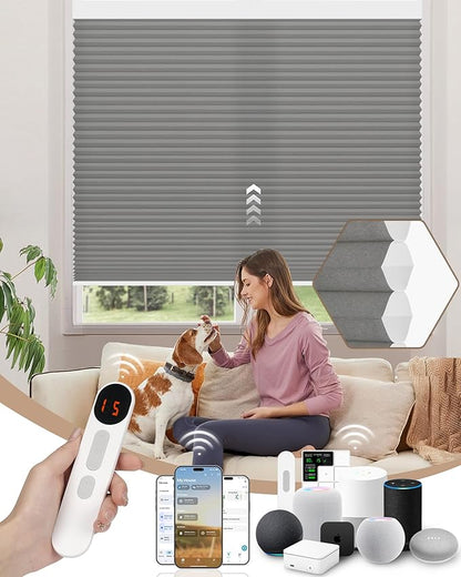 Kincmo Motorized Cellular Shades, Custom Motorized Blinds with Remote, Cordless Smart Electric Honeycomb Blinds Work with Apple HomeKit, Alexa, Google (75%-Blackout-Single-Cell Grey)