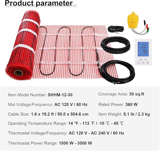 VEVOR Floor Heating Mat, 30 Sq.ft, Electric Radiant in-Floor Heated Warm System with Digital Floor Sensing Thermostat, Includes Installation Monitor, Adhesive Back for Easy Installation on The Floor
