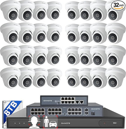 ONWOTE 12MP NVR 32 Channel PoE Security Camera System, Face Recognition & AcuSearch, 32x 4K 8MP Outdoor PoE IP Cameras, 134° FoV, 32CH 6K Commercial NVR 8TB, 4 HDD Ports Support 40TB, Business CCTV