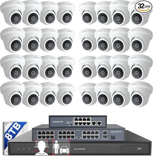 ONWOTE 12MP NVR 32 Channel PoE Security Camera System, Face Recognition & AcuSearch, 32x 4K 8MP Outdoor PoE IP Cameras, 134° FoV, 32CH 6K Commercial NVR 8TB, 4 HDD Ports Support 40TB, Business CCTV
