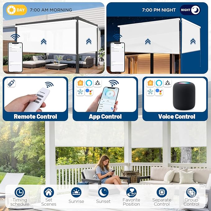 Motorized Outdoor Shades, Custom Patio Roller Blinds with Remote, Smart Exterior Sun Shades Compatible with Alexa, HomeKit, Google Home (1% Openness White)