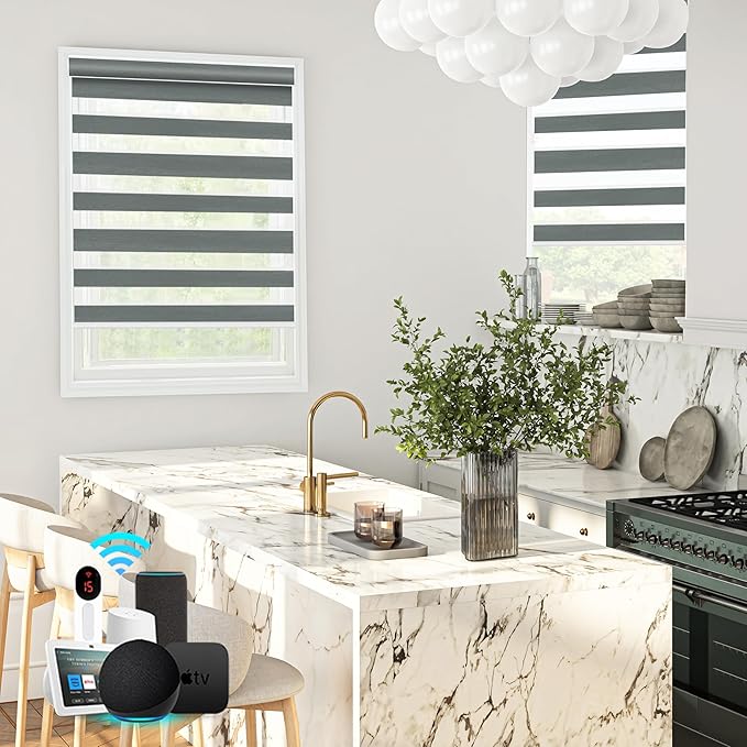 Bringnox Smart Motorized Zebra Roller Blinds - 60% Blackout, Remote Control, Works with HomeKit, Google Home & Alexa via Hub, Custom Size(60% Blackout Navy-33)