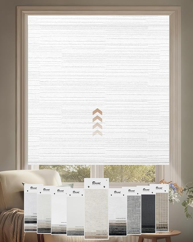 Kincmo Motorized Blinds with Remote, Light Filtering Roller Shades Work with Apple Homekit,Alexa,Google Home, Custom Electric Blinds with App,Voice Control (50% 60% 70% 75% Blackout Fabric Samples)
