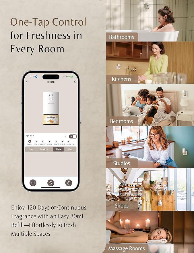 SF101S Pro Smart Plug in Air Freshener for Home, Waterless Essential Oil Diffuser, Aromatherapy Home Diffuser, 120-Day Natural Aroma Mist – Free 30ml Minted Rosewood (Tan Brown)
